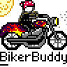 Pixel art contact sheet showing two frames of a biker-themed animated buddy icon with text elements and partial pizza slice graphics on gray background.