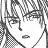 Pixelated grayscale image of a character with long hair, closed eyes, and a small mouth, set against a checkered background with abstract shapes.