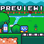 Pixel art scene with green grass, blue sky, and a character on a platform holding a bottle.