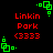 Red text reads 'Linkin Park (333)' with green square-based pixel art in corners on black background, animated rotation of corner elements.