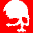 Pixelated skull icon with white and pink variations on red background, transitioning from white to pink across frames.