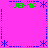 Pixel art icon with bright pink background, green text "JENNA" repeated four times, blue asterisks and dotted lines forming a symmetrical border pattern.