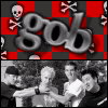 Animated sequence showing a red and black checkered background with 'gob' text, skull-and-crossbones symbols, and changing group poses.