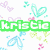 Pixelated pattern with repeating 'kristie' text in green, pink, blue, and cyan blocks over a white background of small hearts and butterflies.