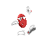 Red pixelated character with white limbs and accessories in various motion states against gray background.