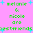 Pixelated green text on pink background with blue starbursts, repeating 'melanie & nicole are bestfriends' in two