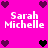 Pixelated pink background with repeated white text 'Sarah Michelle' and alternating dark purple/black heart symbols arranged in a pattern