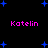 Black background with scattered blue star shapes and four instances of pink text reading 'Katelin' in a pixelated font.