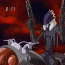 Animated sequence of a purple-skinned character with red eyes and white hair against a fiery background, showing facial expression changes.