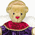 A pixelated cartoon character with blonde hair and red lips wearing a purple outfit with a red collar, next to green text reading "Original Icons .com" on a dark background.