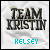 Two side-by-side pixelated images display "TEAM KRISTIN" in large blocky letters with "KELSEY" below, differing only in the color of the lower text.
