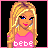 Pixel art of a blonde woman in pink top with 'bebe' text, transitioning to static text phrases on black background.