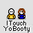 Pixel art of two figures with white and brown hair, yellow and blue clothing, standing side-by-side under text reading "I Touch Yo Booty" on a gray background.