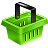 Pixelated green shopping cart with black handle, viewed from above on gray background.