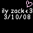Pixelated text displays 'ily zack<3 ily zack<3' with date '3/10/08', pink heart symbol above, black background.