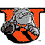 Pixelated shield-shaped icon with orange, gray, and black sections containing a bulldog head silhouette.