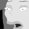 Grey-scale cartoon face with wide eyes, downturned mouth, and visible eyebrows, cropped to show only the right side of the face.