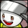 Pixelated cartoon character with white face, brown eyes, red mouth, gray hat, and yellow lower body against a blurred background.