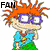 Pixelated cartoon character with orange spiky hair, purple glasses, blue shirt, green pants; left side shows 'FAN' text, right side has red '3' near head.
