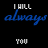 Animated contact sheet of a text-based buddy icon showing repeated phrases "I WILL always YOU" and "LOVE" in blue, white, and colored variations across 25 sampled frames on black background.