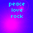 Pixelated cyan text 'peace love rock' stacked vertically on a purple-to-pink gradient background with subtle light effects.
