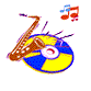 Four variations of a music-themed icon featuring saxophone, CD, and musical notes on gray background.