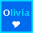 Six blue square display the name 'Olivia' with pixelated hearts below, each showing distinct text and heart color variations