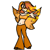 Pixelated character with orange hair and brown outfit holding a glowing yellow object against white background.