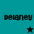 Pixelated teal and dark teal background with black text 'delaney' and star symbols in two states.