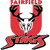 Red U-shaped frame with black antlers and white skull center, red banner below with black outline, pixelated style.