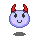 Pixelated devil icon with light blue face, red horns, black eyes, pink blush marks, and a smiling mouth on gray background.
