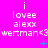A bright pink background displays repeated text and symbols in white, blue, and cyan. The central phrase 'i lovee alexx wertman<3' repeats across three with small plus signs and X shapes scattered around