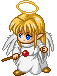 A 4-frame pixel art animation of a small angel character with blonde hair, blue eyes, white wings, and golden halo holding a brown staff with red gem, displayed in a 2x2 contact sheet on gray background.