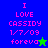 Pixelated text reads "I LOVE CASSIDY 1/7/09 foreva" with a star symbol, displayed on blue and green backgrounds with pink text.