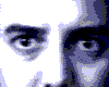 A sequence of six facial expressions showing eyes and nose in blue-and-white pixelated style with varying eye positions and mouth shapes.