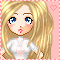 Pixelated cartoon girl with long blonde hair, blue eyes, and pink cheeks in white top against pink checkered background.