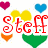 Pixelated icon with red cursive text 'Steff' surrounded by colored hearts on white background.