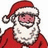Pixelated Santa Claus in red suit with white trim, smiling face on left; blue text 'he knows when you are' and 'he knows your awake......' on black backgrounds to right and below.