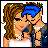 Pixel art contact sheet showing two animated frames of a couple kissing, with one frame featuring a pink background and text elements.