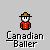 Pixelated character in red jacket and brown hat with white face, standing above "Canadian Baller" text on gray background.