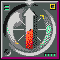A circular animated icon with a dark gray background, featuring a rotating red and white object surrounded by green and yellow accents.