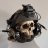 Pixelated static image of a skull wearing a dark helmet with a mounted device, set against a light gray background.