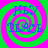 Four identical display blue Cyrillic text over a green and pink spiral background with no visible animation changes