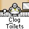 Animated contact sheet showing 17 frames of a pixel art icon featuring a cartoon character with Clog Toilets text, displaying sequential animation changes in the background and character pose.