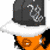 A 4-frame contact sheet of a pixelated cartoon character wearing an orange hoodie and dark cap with white brim, showing different angles and text on pink background.