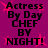 Purple background with black text reading "Actress By Day CHEF BY NIGHT!" and pink starbursts, displayed in a of four identical