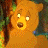 Animated contact sheet showing six frames of a cartoon bear character with orange fur, yellow eyes, and brown nose in various poses against a blue water and green foliage background.