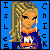 Pixelated icon of a person with long blonde hair in a high ponytail, wearing a blue and orange outfit against a solid blue background.