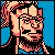 Pixelated static icon of a character with long pink hair, glasses, and a black outfit against blue background.