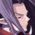Pixelated static image of a character with purple hair and closed eyes, wearing a dark outfit with red accents on the shoulders.